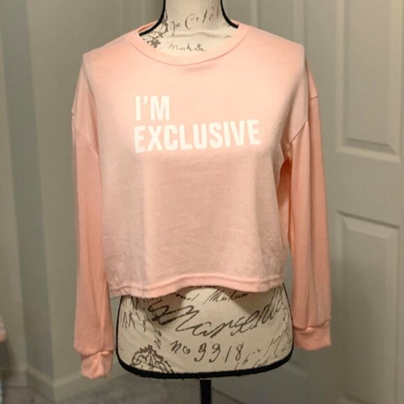 Women's/Junior's Long-Sleeved Pink Pajama Crop Top that says "I'm Exclusive" - Picture 1 of 3